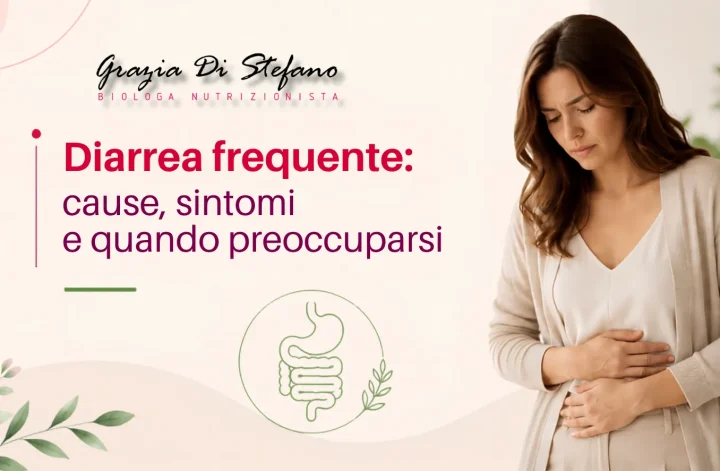 Diarrea frequente, alle possibili cause, ai sintomi associati e ai segnali che richiedono una valutazione medica. La grafica mostra una donna con dolore addominale e un’illustrazione dell’apparato digerente.